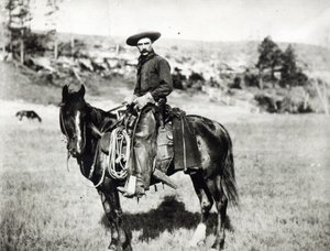 Cowboy montando um cavalo em Montana, EUA, c. 1880